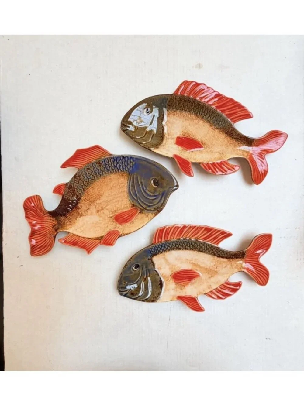 Pier 1 Imports Fish Ceramic Decorative 3 Serving Dishes Red Fin Beach Coastal